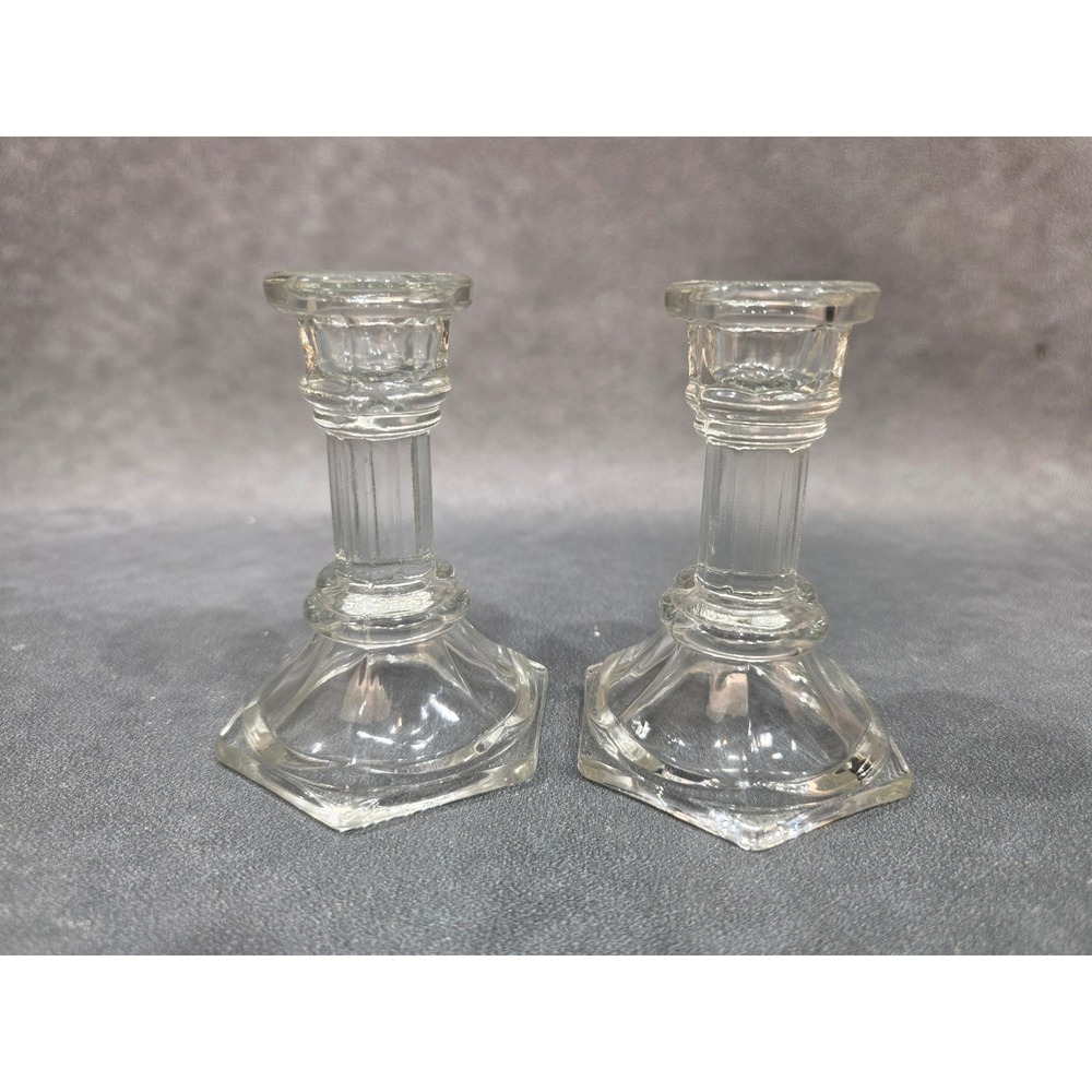 Vintage Clear Pressed Glass Candlestick Holders Set of 2 Hexagon Base Fluted